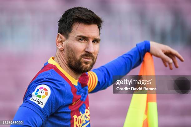 Lionel Messi of FC Barcelona looks on during the La Liga Santander match between FC Barcelona and Atletico de Madrid at Camp Nou on May 08, 2021 in...
