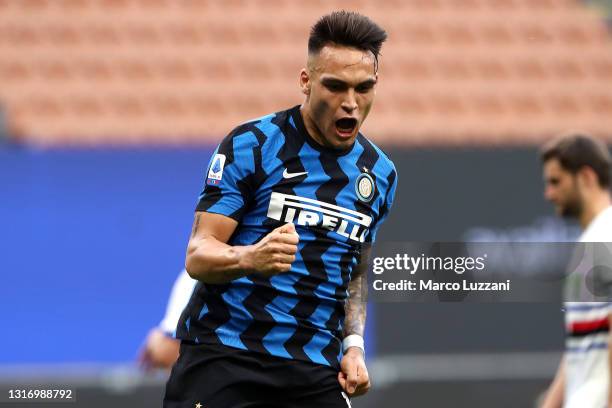 Lautaro Martinez of FC Internazionale celebrates after scoring their team's fifth goal during the Serie A match between FC Internazionale and UC...