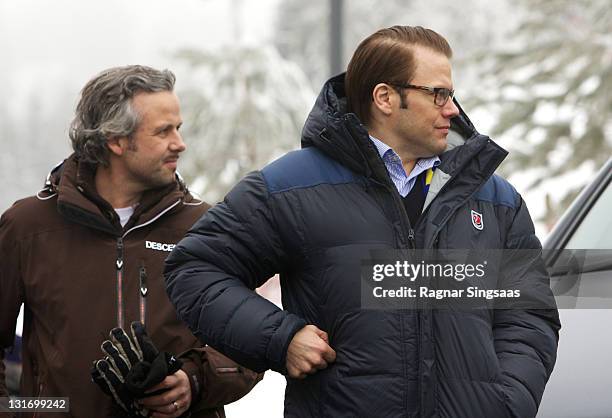 Ari Behn and Prince Daniel of Sweden attend the Men's Relay 4x10km Classic/Free race during the FIS Nordic World Ski Championships 2011 at...