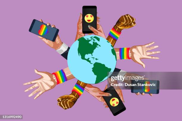 people of different orientations with raised hands - rainbow light hands stock illustrations