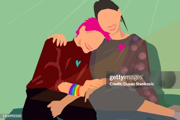 cartoon of lesbian couple - lgbtqi people stock illustrations