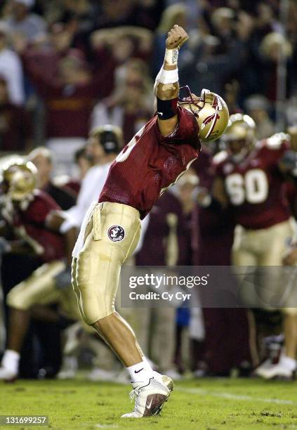 Florida State Quarterback Chris Rix celebrates a fourth quarter touchdown against North Carolina State University at Doak Stadium on November 15th,...