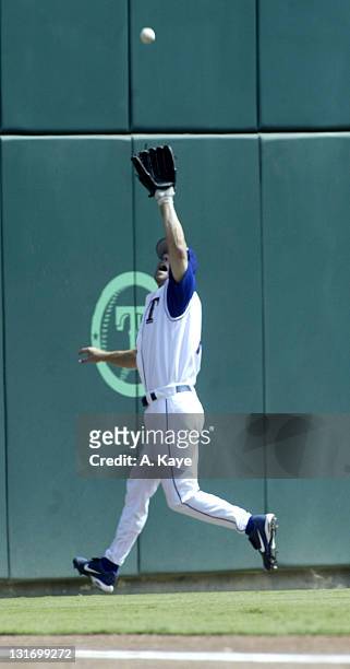 Rangers LF Chad Allen makes a running catch against the wall to rob Angels DH Troy Glas of an extra base hit. Texas Rangers 6, Anaheim Angels 3....