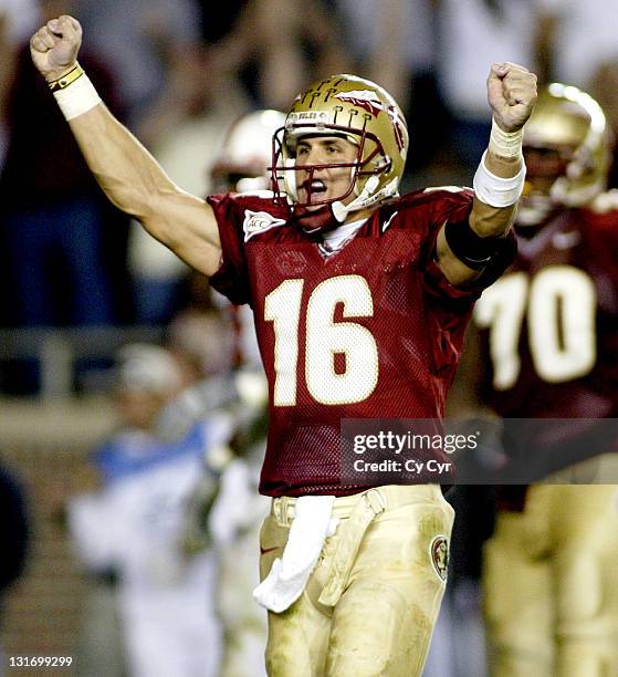 Florida State Quarterback Chris Rix celebrates a fourth quarter touchdown against North Carolina State University at Doak Stadium in Tallhassee,...