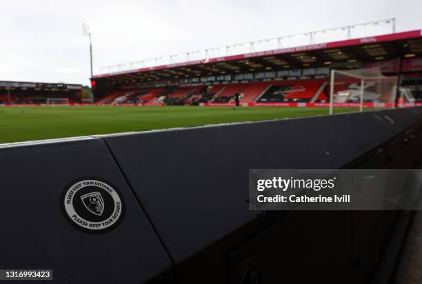 Sign asking people to socially distance inside the stadium ahead of the Sky Bet Championship match between AFC Bournemouth and Stoke City at Vitality...