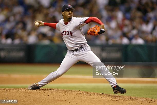 Red Sox starting pitcher Pedro Martinez delivers a pitch during the second inning of action at Tropicana Field in St. Petersburg, Florida on Friday,...