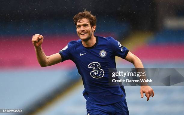 Marcos Alonso of Chelsea celebrates after scoring their side's second goal during the Premier League match between Manchester City and Chelsea at...