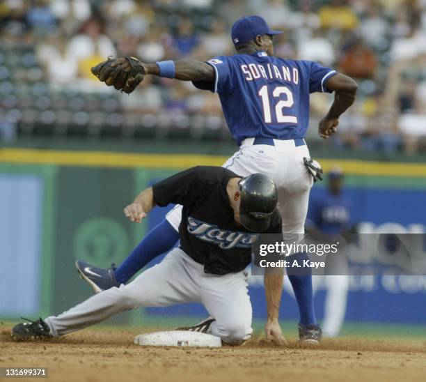 Blue Jays SS Chris Woodward gets forced out at second during the 7-5 loss to the Texas Rangers at Ameriquest Stadium of Arlington in Arlington, Texas...