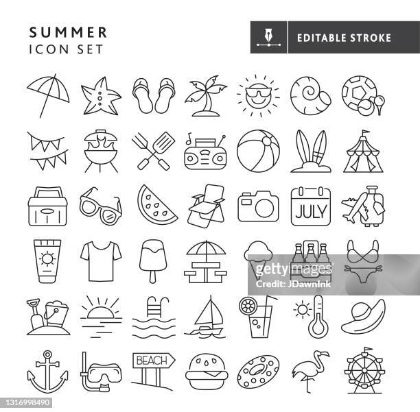 sommerurlaub reise sportessen und elemente große dünne linie icon set - editierbare strich - sonnencreme stock-grafiken, -clipart, -cartoons und -symbole