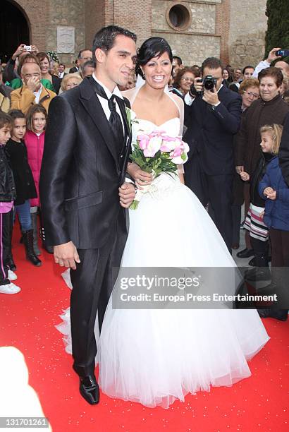 Three-time Tour de France champion Alberto Contador and Macarena Pescador get married at Santo Domingo de Silos church on November 5, 2011 in Pinto,...