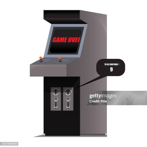 detailed vector illustration of arcade machines with retro coin or token slot panel facades from coin or token operated machines - arcade cabinet stock illustrations