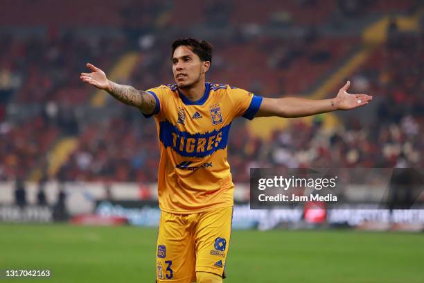 Carlos Salcedo of Tigres reacts during the playoff match between Atlas and Tigres UANL as part of the Torneo Guard1anes 2021 Liga MX at Jalisco...