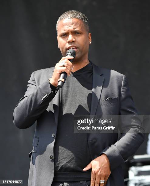 Journalist A. J. Calloway speaks onstage during Ahmaud Arbery Foundation Kick Off & Drive Up Birthday Bash at New Birth Missionary Baptist Church on...