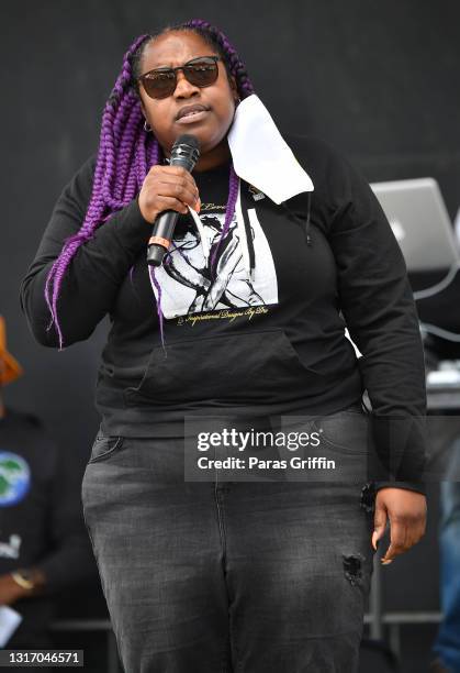 Kimberly Latrice Jones speaks onstage during Ahmaud Arbery Foundation Kick Off & Drive Up Birthday Bash at New Birth Missionary Baptist Church on May...