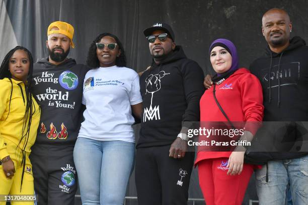 Tamika D. Mallory, Kenny Burns, Wanda Cooper Jones, Jeezy, Linda Sarsour, and Big Tigger onstage during Ahmaud Arbery Foundation Kick Off & Drive Up...