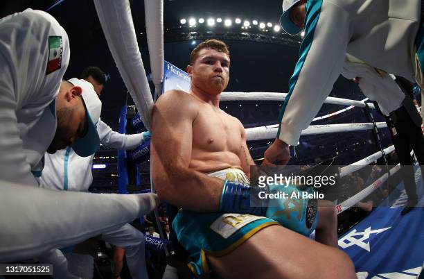Canelo Alvarez is worked on in his corner between rounds against Billy Joe Saunders during their fight for Alvarez's WBC and WBA super middleweight...