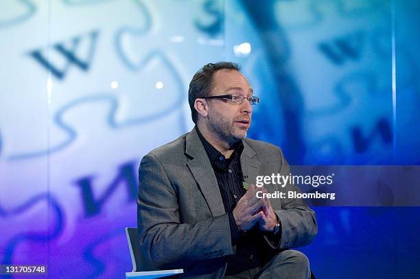 Jimmy Wales, co-founder of Wikipedia, gestures during a television interview in London, U.K., on Monday, Nov. 7, 2011. To keep the online...