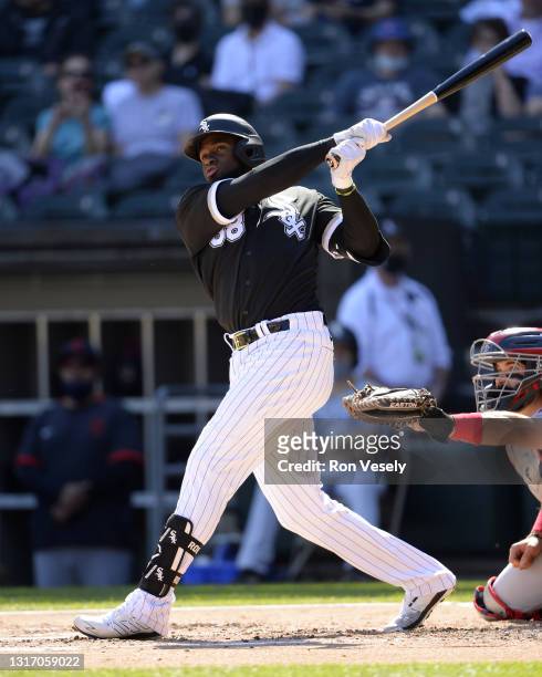 Luis Robert of the Chicago White Sox bats against the Cleveland Indians on May 1, 2021 at Guaranteed Rate Field in Chicago, Illinois.