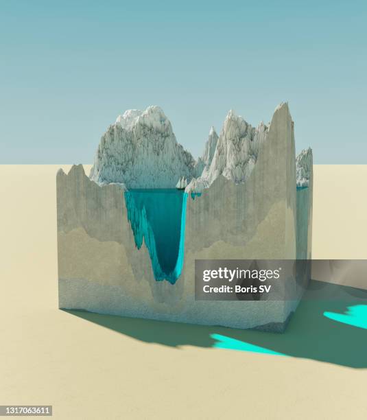 cross section of deep trench in the mountains - boat top view stockfoto's en -beelden