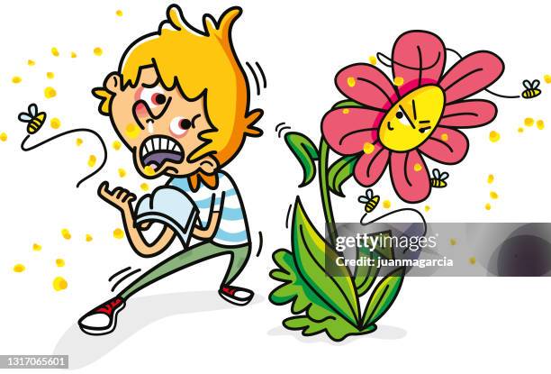 ilustraciones, imágenes clip art, dibujos animados e iconos de stock de alergia primaveral al polen de flores - ojos rojos