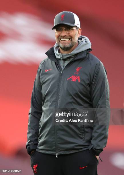 Liverpool Manager Jurgan Klopp during the warm up prior to the Premier League match between Liverpool and Southampton at Anfield on May 08, 2021 in...