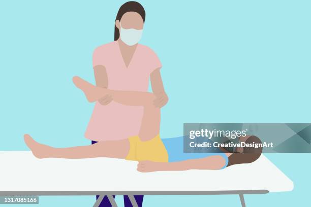 physiotherapist treating her patient in the clinic - orthopedic doctor in mask stock illustrations