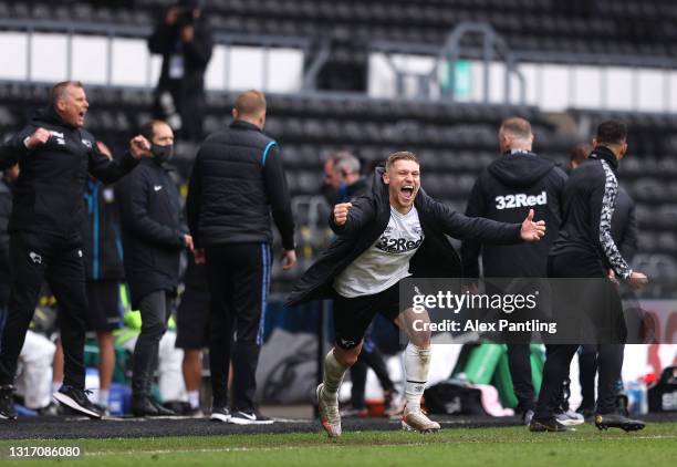 Martyn Waghorn of Derby County celebrates at full-time as they secure safety in the Championship the Sky Bet Championship match between Derby County...