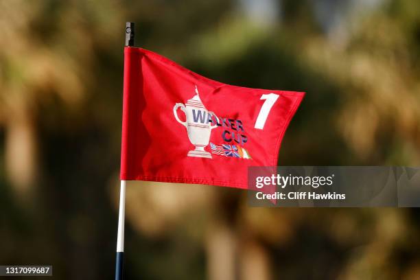 Detail view of the flag on the first hole during Sunday foursomes matches on Day Two of The Walker Cup at Seminole Golf Club on May 09, 2021 in Juno...