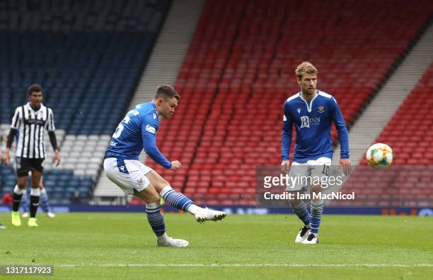 Glenn Middleton of St Johnstone scores their team's second goal during the William Hill Scottish Cup Semi-Fianl match between St Mirren and St...