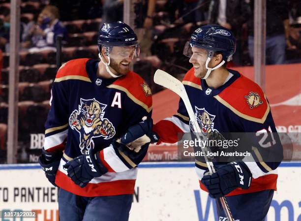 XAlexander Wennberg celebrates his third period goal with Jonathan Huberdeau of the Florida Panthers against the Tampa Bay Lightning at the BB&T...