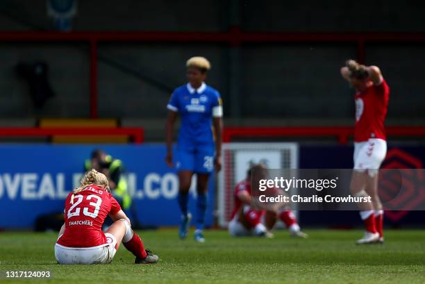 Jemma Purfield of Bristol City sits on the floor dejected after the final whistle as Bristol City are relegated during the Barclays FA Women's Super...