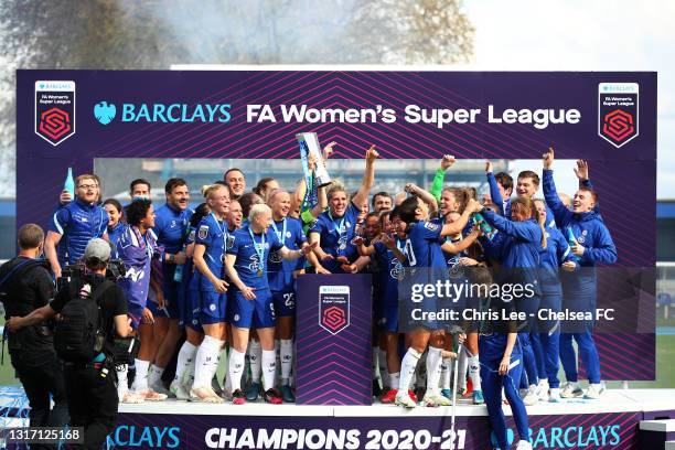 Millie Bright and Magdalena Eriksson of Chelsea lift the Barclays FA Women's Super League Trophy after being crowned Champions following the Barclays...