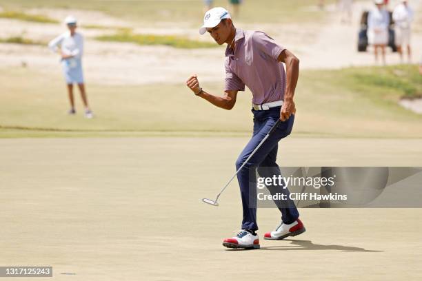 Ricky Castillo of Team USA celebrates on the 16th green during Sunday foursomes matches on Day Two of The Walker Cup at Seminole Golf Club on May 09,...