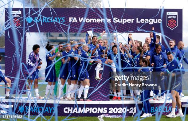 Millie Bright and Magdalena Eriksson of Chelsea lift the Barclays FA Women's Super League Trophy after being crowned Champions following the Barclays...