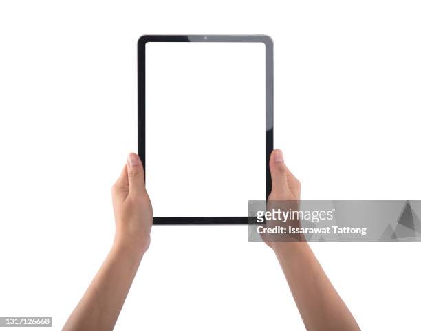 hands holding black tablet, isolated on white background - digital tablet stock pictures, royalty-free photos & images
