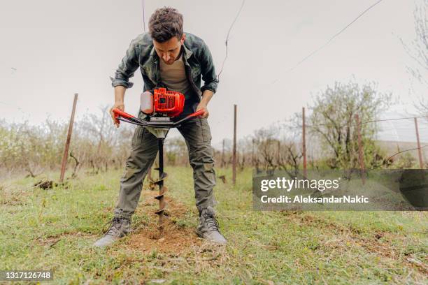 mens die in zijn wijngaard werkt - drill stockfoto's en -beelden