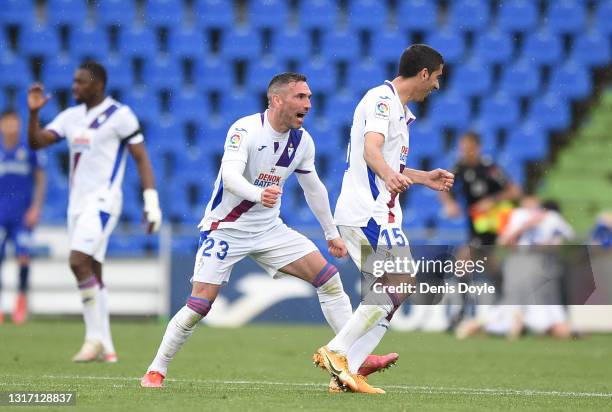 Anaitz Arbilla and Jose Angel Valdes 'Cote' of SD Eibar celebrates following the La Liga Santander match between Getafe CF and SD Eibar at Coliseum...