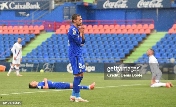 Nemanja Maksimovic of Getafe CF reacts during the La Liga Santander match between Getafe CF and SD Eibar at Coliseum Alfonso Perez on May 09, 2021 in...