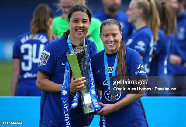 Sam Kerr and Fran Kirby of Chelsea Women celebrate winning the Barclays FA Women's Super League trophy after the Barclays FA Women's Super League...
