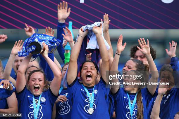 Erin Cuthbert, Sam Kerr and Fran Kirby of Chelsea Women celebrate winning the Barclays FA Women's Super League trophy after the Barclays FA Women's...