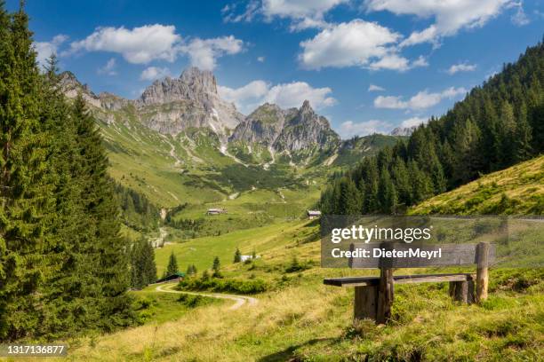 banco con vistas a los grandes bischofsmütze, montañas dachstein, alpes - alpes europeos fotografías e imágenes de stock