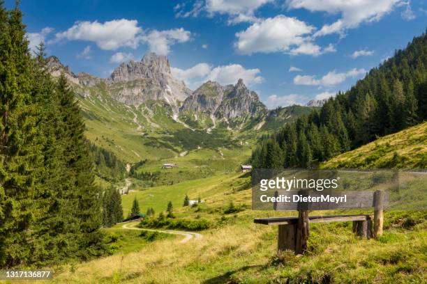 panchina con vista sulle grandi bischofsmütze, monti dachstein, alpi - austria foto e immagini stock