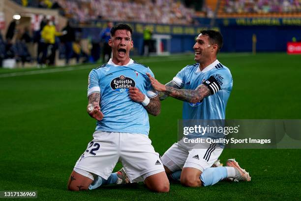 Santi Mina and Hugo Mallo of RC Celta celebrating their team's first goal during the La Liga Santander match between Villarreal CF and RC Celta at...