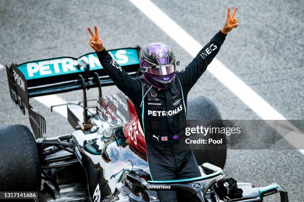 Race winner Lewis Hamilton of Great Britain and Mercedes GP celebrates in parc ferme during the F1 Grand Prix of Spain at Circuit de...