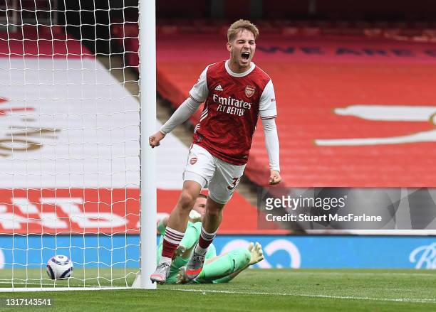Emile Smith Rowe celebrates scoring for Arsenal during the Premier League match between Arsenal and West Bromwich Albion at Emirates Stadium on May...