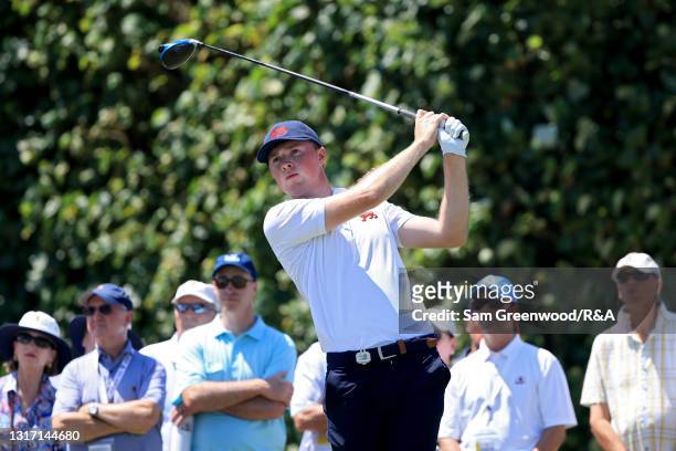 Mark Power of Team Great Britain and Ireland plays his shot from the third tee during Sunday singles matches on Day Two of The Walker Cup at Seminole...