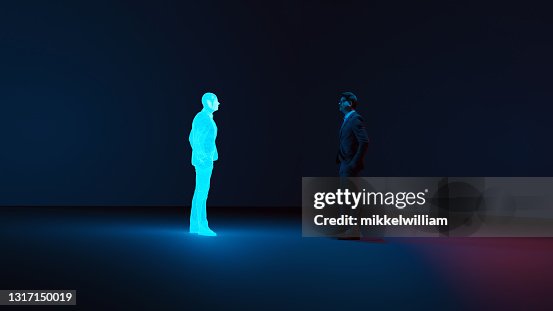 De mens ontmoet digitale avatar van zich die met een hologram wordt gemaakt De mens ontmoet digitale avatar van zich die met een hologram wordt gemaakt