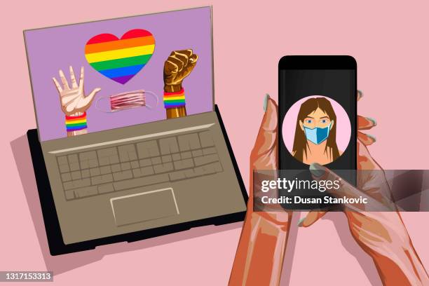 illustrazioni stock, clip art, cartoni animati e icone di tendenza di diritti umani e comunità dei social media - manifestazione di orgoglio gay