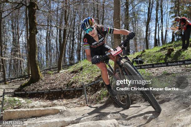 Kate Courtney of United States of America competes in Cross-Country Olympic Women race during UCI Mountain Bike World Cup on May 09, 2021 in...