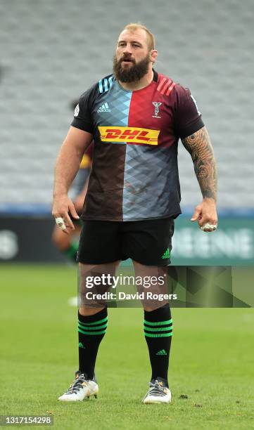 Joe Marler of Harlequins looks on during the Gallagher Premiership Rugby match between Harlequins and Wasps at Twickenham Stoop on May 09, 2021 in...